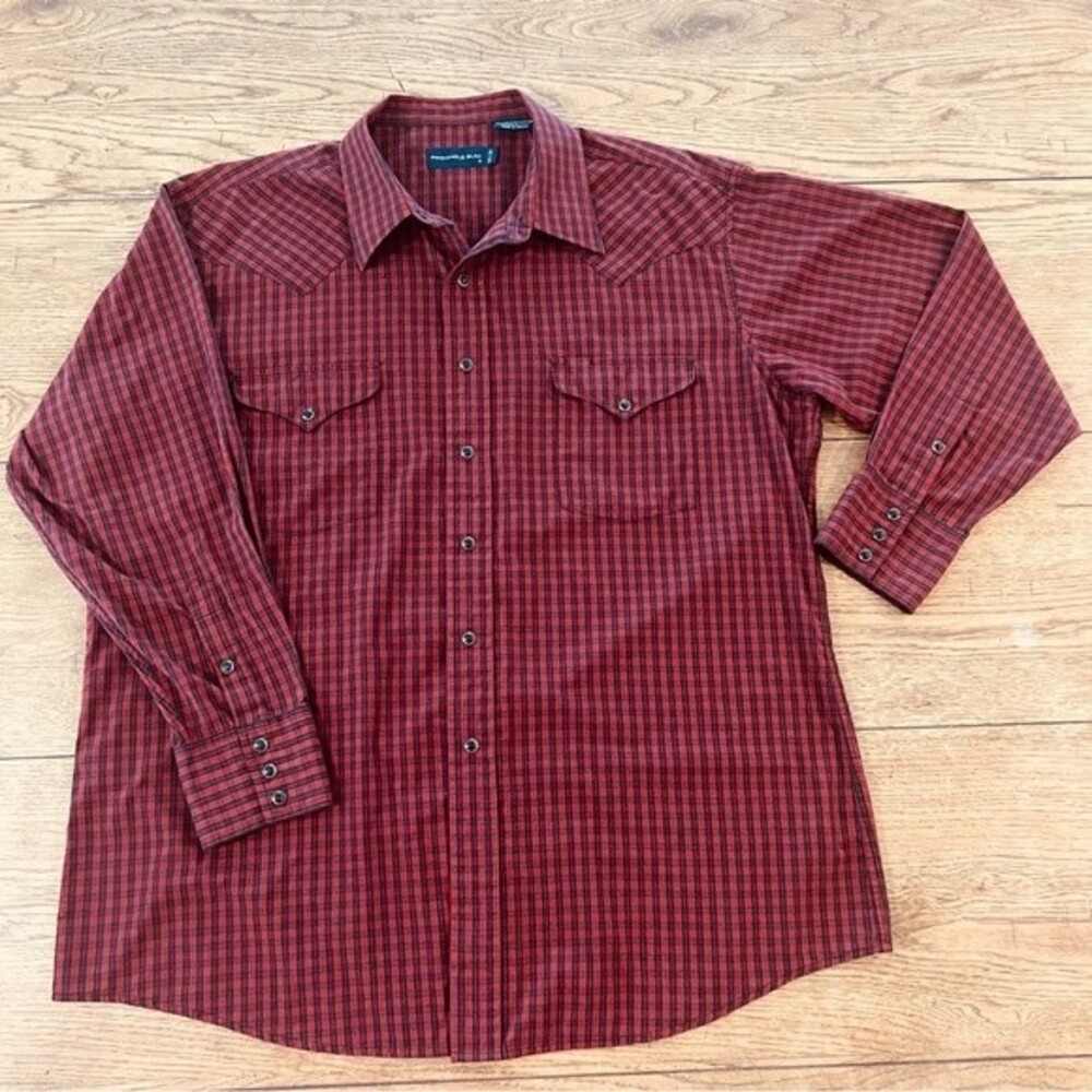 Panhandle Slim Red and Black Plaid Long Sleeve Pearl Snap Shirt Men's Sz 17.5/34